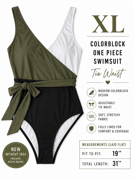 Cupshe Other - Cupshe XL Olive, White & Black Colorblock One-Piece Swimsuit with Tie Waist